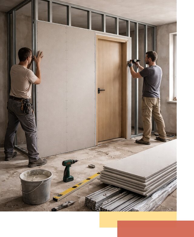 Перегородка из гипсокартона с дверью под ключ в Кронштадте