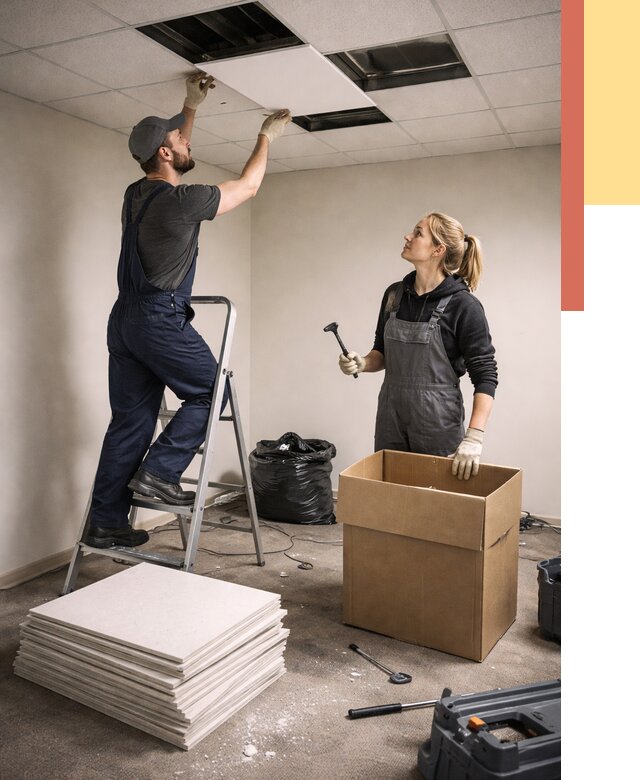 Демонтаж потолочной плитки в Кронштадте от 4695 руб. быстро и недорого | ОТДЕЛОЧНИК-Крн