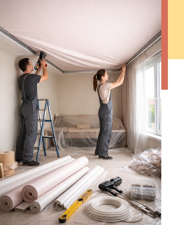 Монтаж цветного натяжного потолка в Кронштадте от 4382 руб/м² — быстро и недорого | ОТДЕЛОЧНИК-Крн