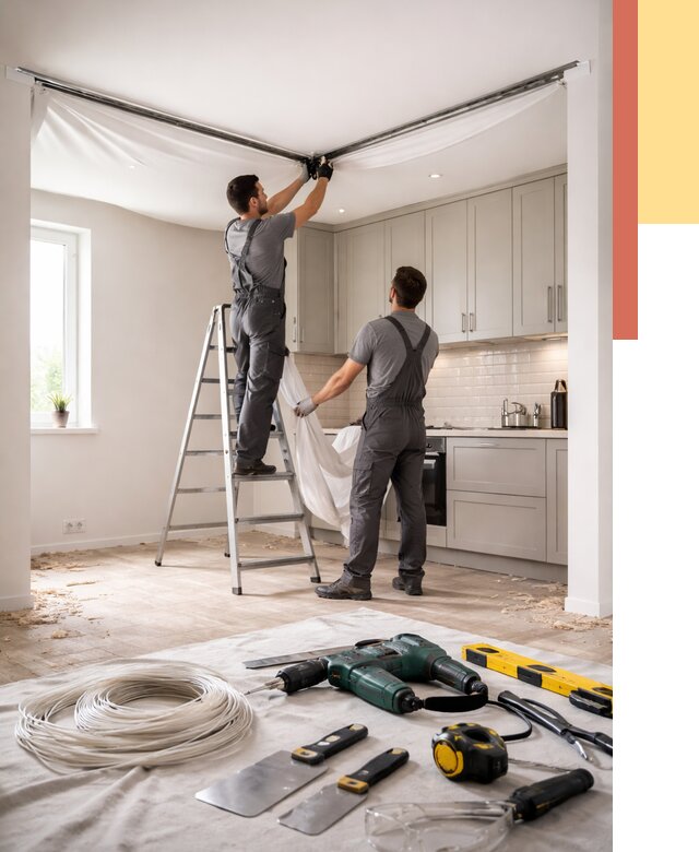 Установка натяжного потолка на кухне в Кронштадте от 2504 руб. | ОТДЕЛОЧНИК-Крн