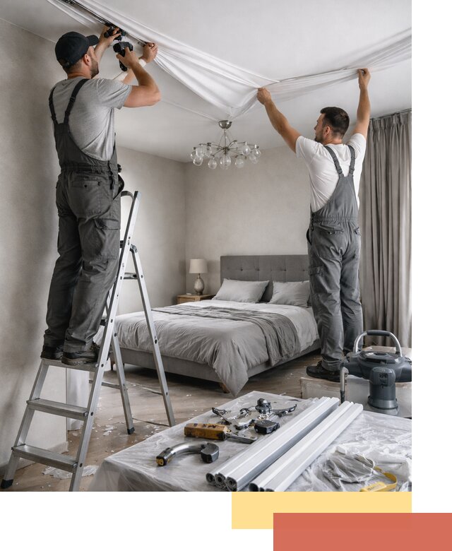 Монтаж натяжного потолка в спальне в Кронштадте