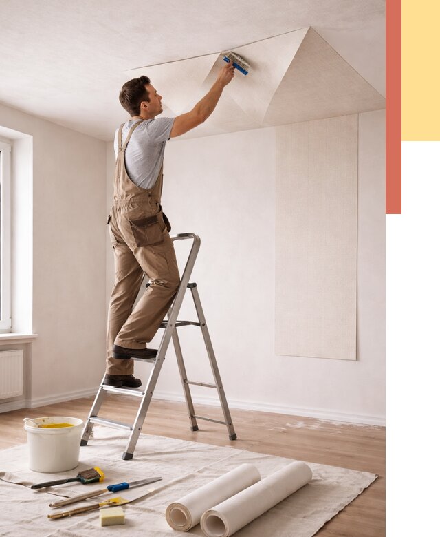 Поклейка обоев на потолок в Кронштадте от 4695 руб. быстро и недорого | ОТДЕЛОЧНИК-Крн